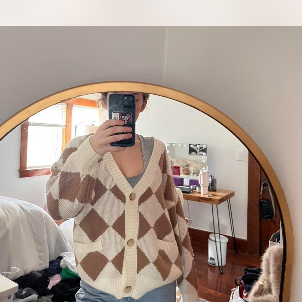 Women's Cream and Brown Argyle Sweater